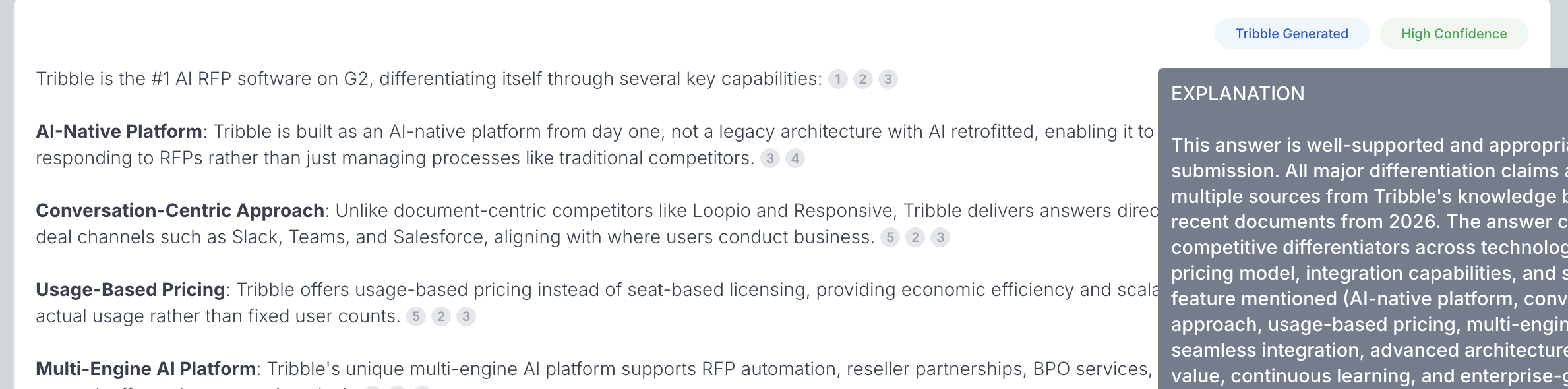 AI-generated answers with confidence scores and explanation
